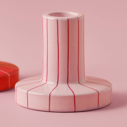 Red & Pink Striped Ceramic Candle Holders | Set of 2 Handpainted Candle Holders