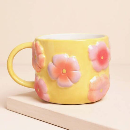 Retro Floral Yellow and Pink Ceramic Mug | Unique Drinkware