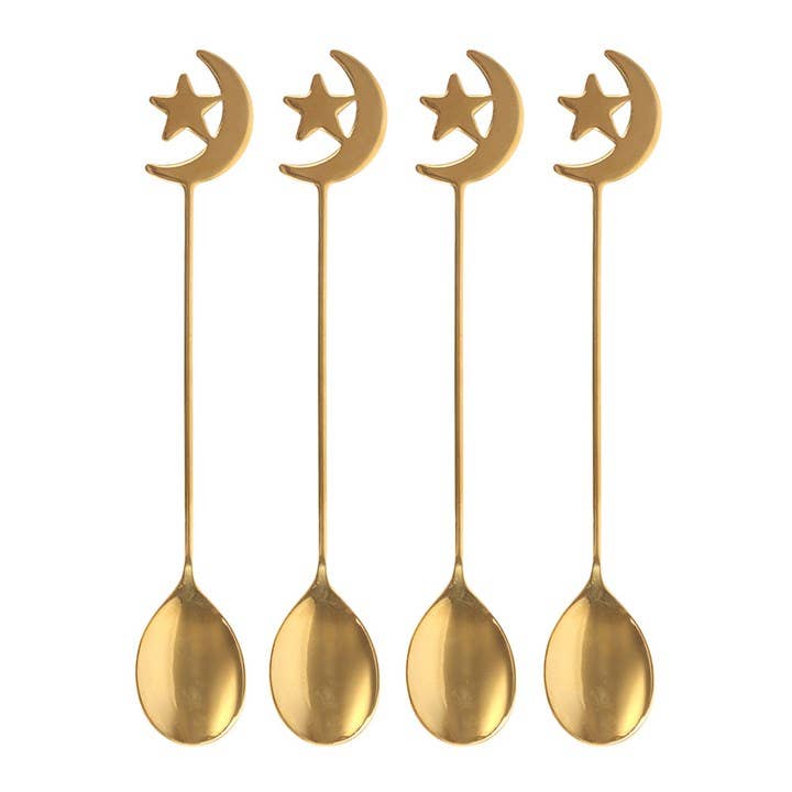 Set of 4 Star & Moon Teaspoons | Celestial Gold Spoon Set