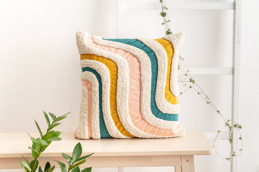 Waves Teal, Mustard & Pink Cushion | Embroidered Textiles