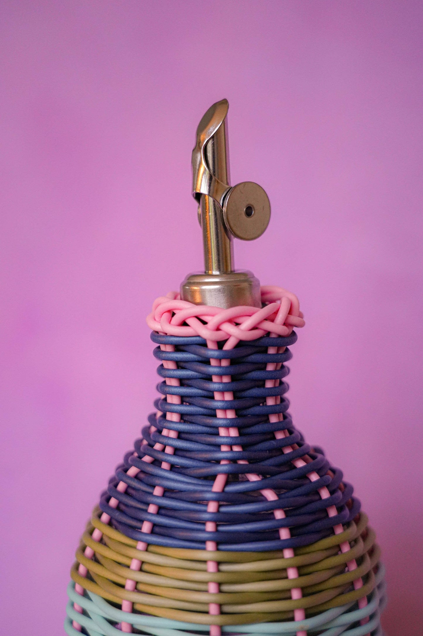 Maegen Hand Woven Oil Pourer in Pink & Navy | Faux Rattan Oil Bottle