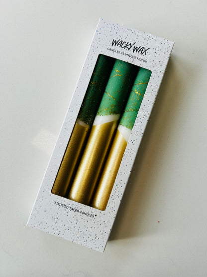 Green & Gold Lace Glitter Dipped Candles | Pack of 3 Dinner Candles