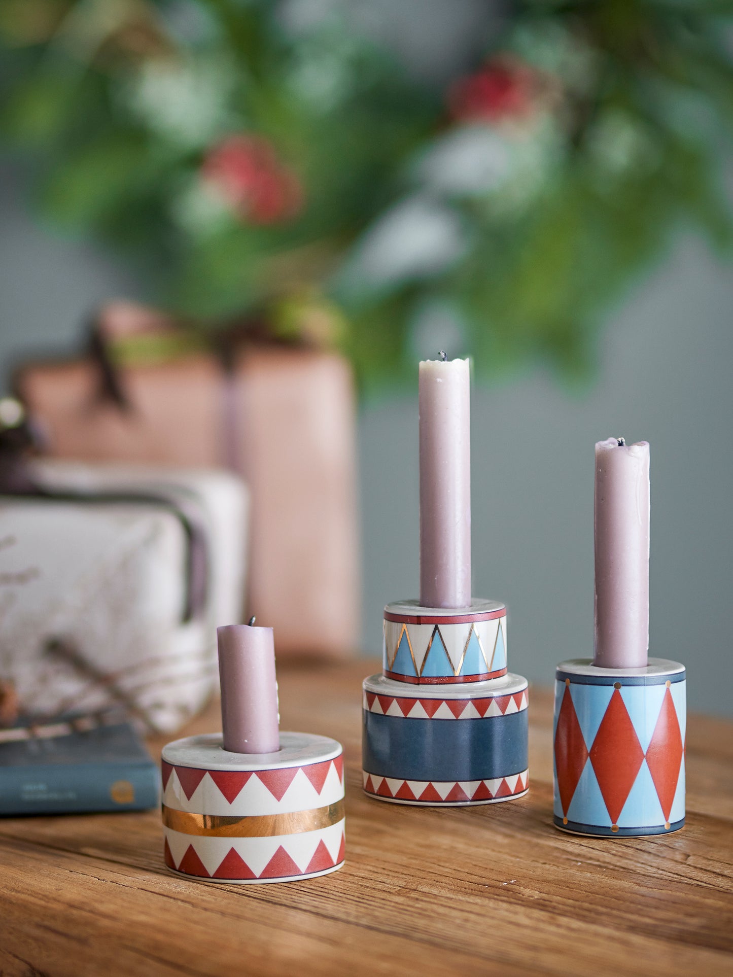 Bitja Candle Holders | Set of 3 Stoneware Drum-Shaped Candle Holders