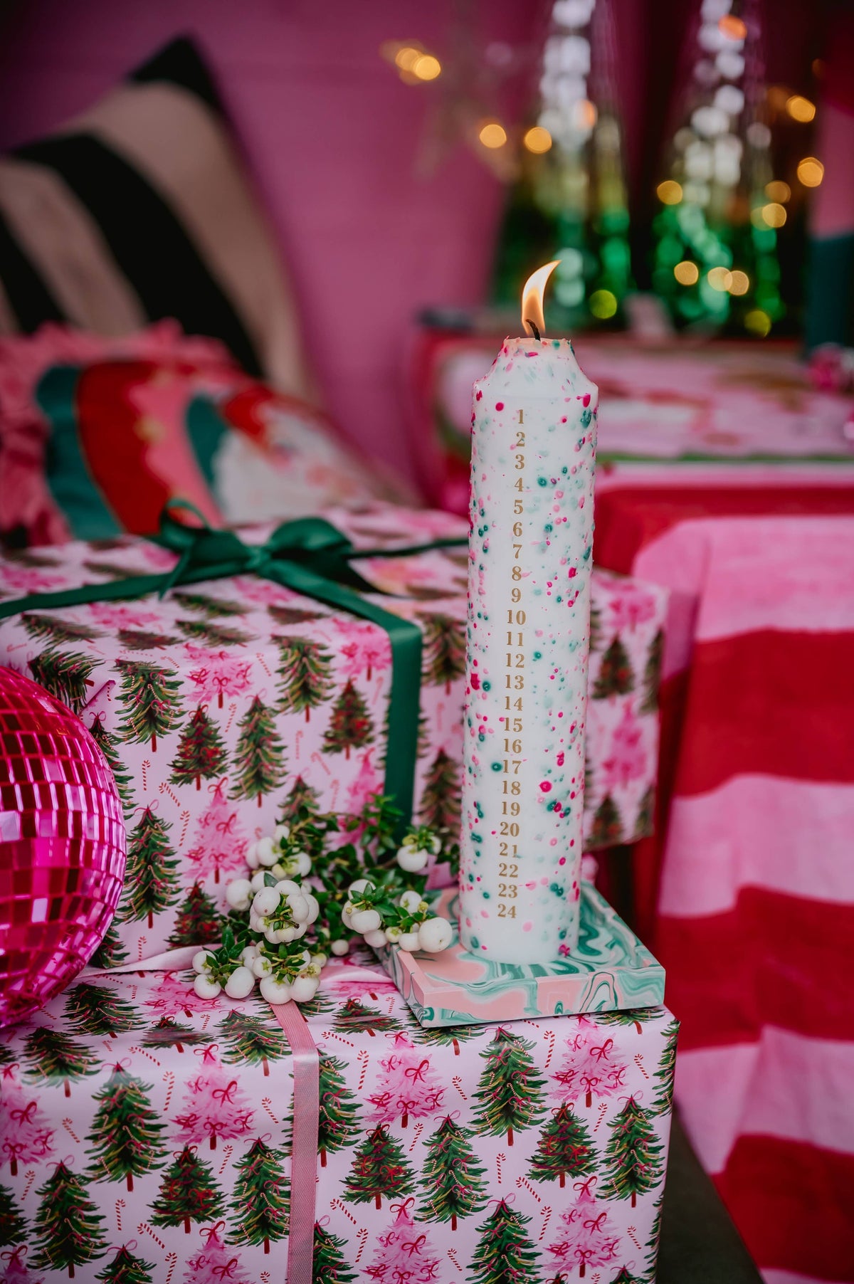 Green Stripe Advent Candle | Abernethy Forest Scented Christmas Countdown Candle