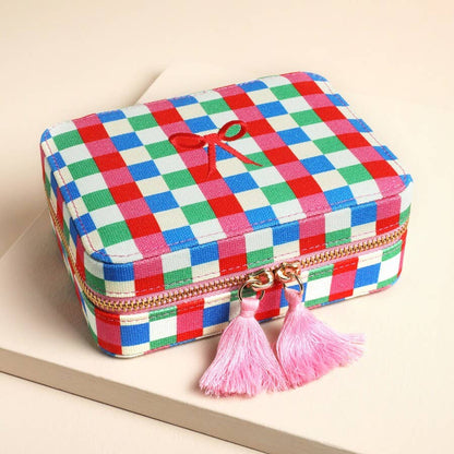 Multi Bright Checkerboard Linen Jewellery Case | Colourful Organiser with Removable Tray