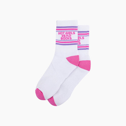 Hot Girls Read Books Organic Cotton Sports Socks | White & Hot Pink Slogan Socks