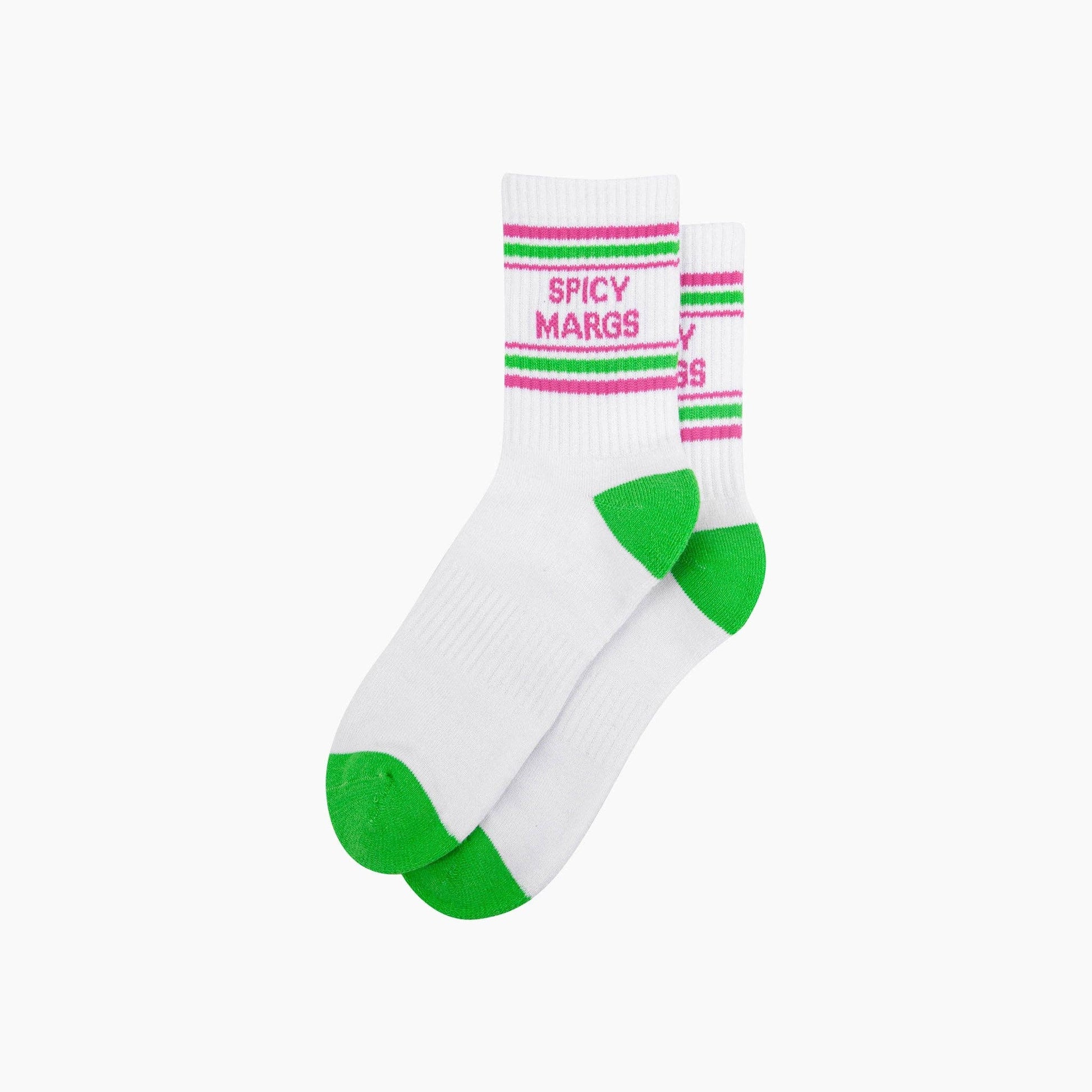 White sock with green toes and pink text on a white background