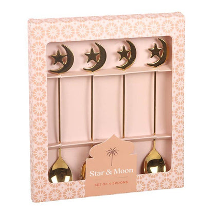 Set of 4 Star & Moon Teaspoons | Celestial Gold Spoon Set