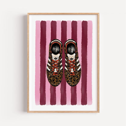 Leopard Samba Stripe Print | Trainer Illustration Art with Pink & Burgundy Stripe Background