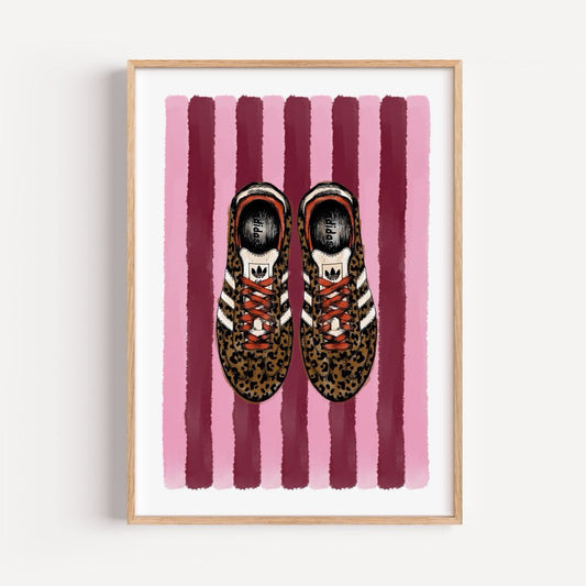 Leopard Samba Stripe Print | Trainer Illustration Art with Pink & Burgundy Stripe Background