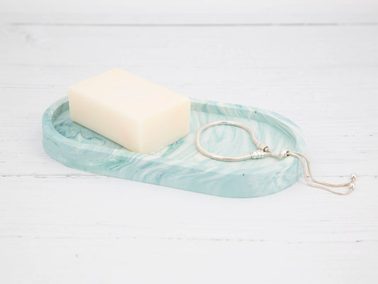 Pale Peacock Marble Effect Jesmonite Oval Tray | Handmade Home Decor