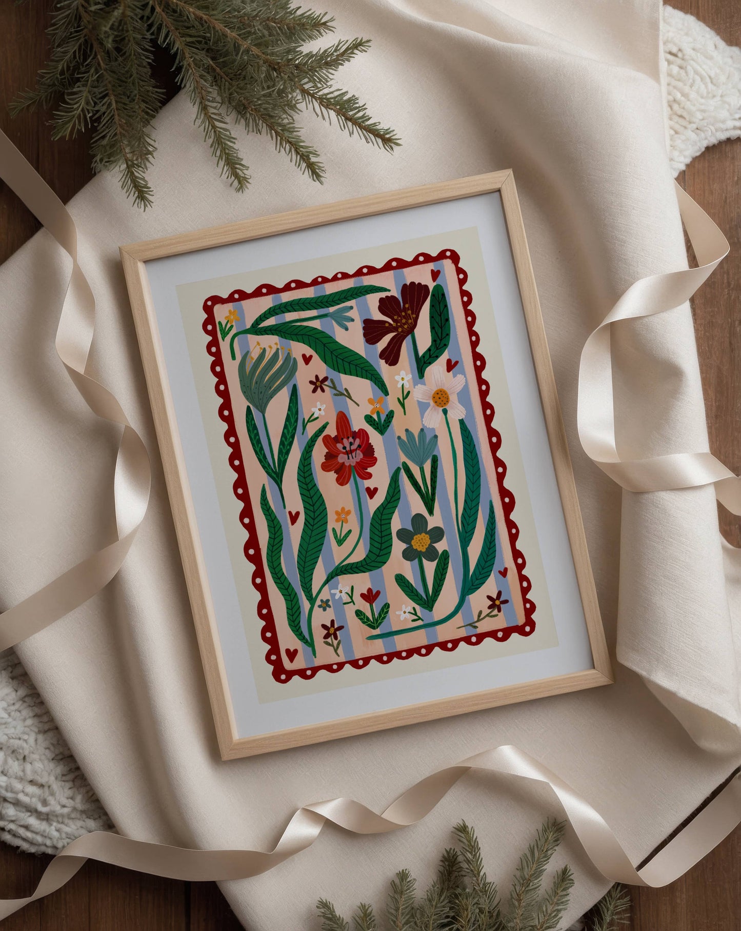 Boho Flower Striped Art Print | Hand drawn wall art