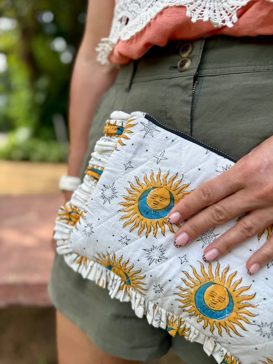 Celestial Ruffle Clutch | Hand Block Printed Quilted Cotton Clutch Bag