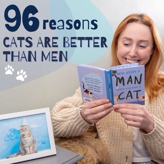 lady with a photo of a cat reading who needs a man when you have a cat