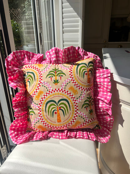 Palm Tree & Leopard Print Cushion Cover with Pink Gingham Frill | Maximalist Home Decor