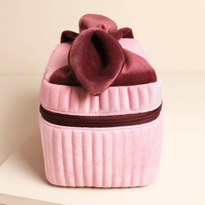 Pale Pink & Red Velvet Bow Vanity Makeup Bag | Elegant Compact Case