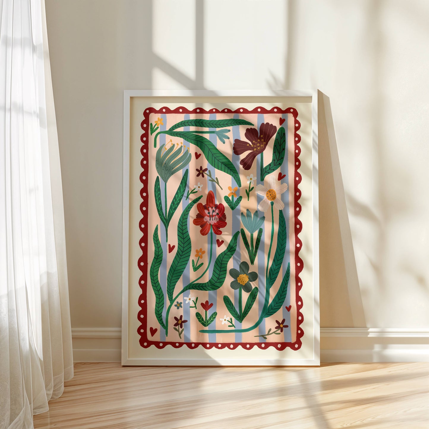 Boho Flower Striped Art Print | Hand drawn wall art