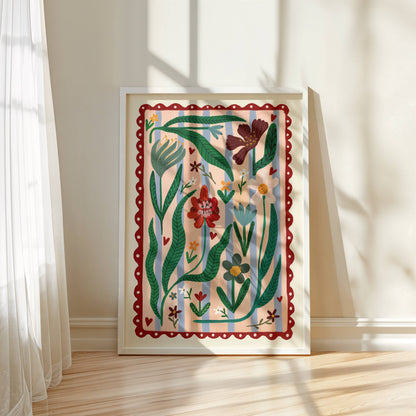 Boho Flower Striped Art Print | Hand drawn wall art