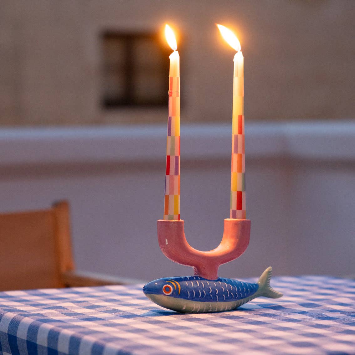 Multi Coloured Chequered Taper Dinner Candles | Chequered Home Decor