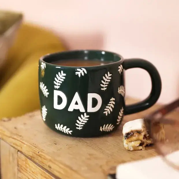 Ceramic Green Leafy Dad Mug | Fern Pattern Wax-Resist Design