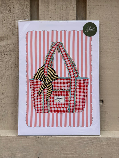 Red Gingham Shopper Print | A4 Handdrawn Stripe Art Print
