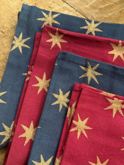 Gold Star Block Printed Napkins | Set of 4 Hand Block Printed Cotton Napkins, Navy or Merlot