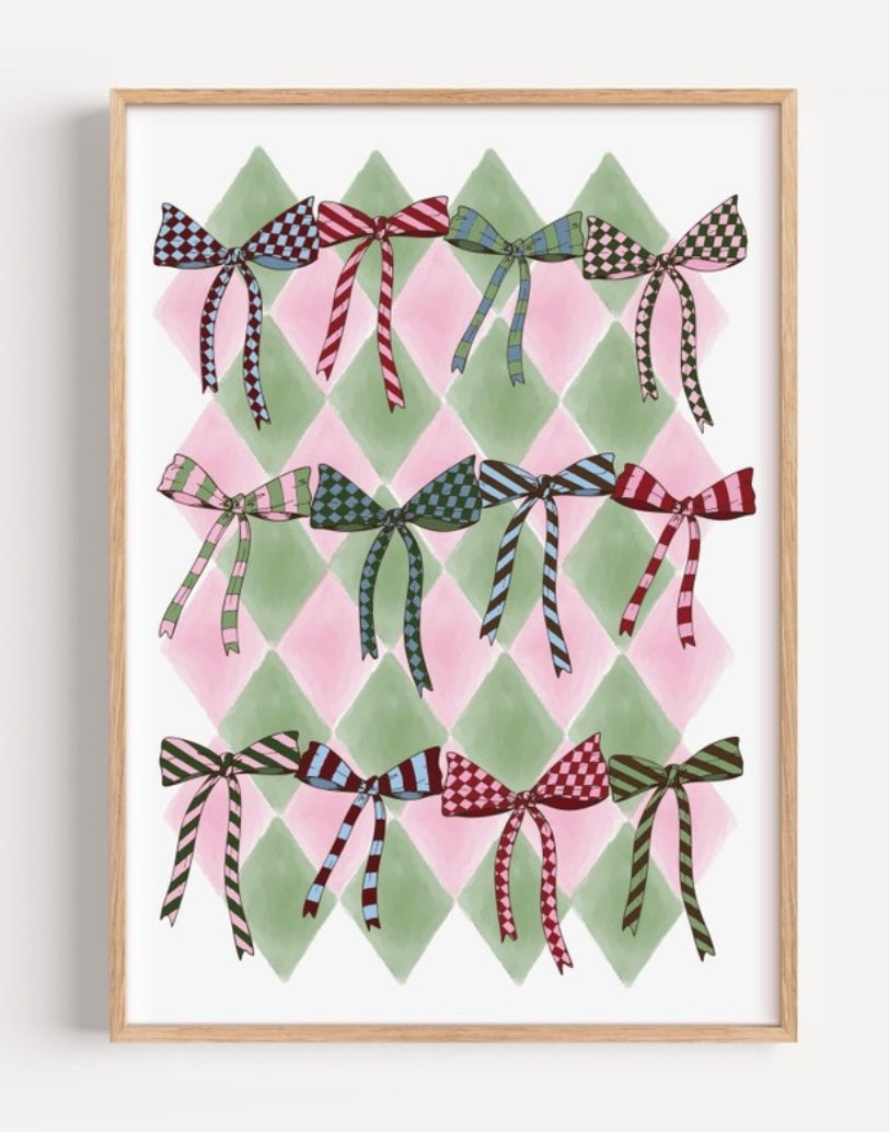 Bow Collection A4 Print | Pink & Green Harlequin Pattern Art