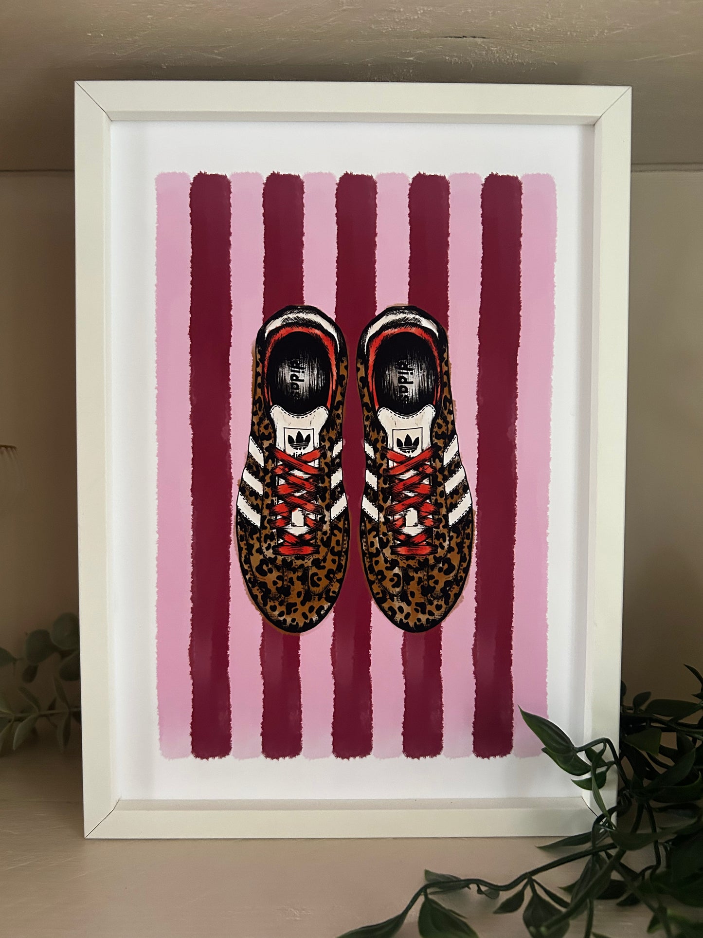 Leopard Samba Stripe Print | Trainer Illustration Art with Pink & Burgundy Stripe Background