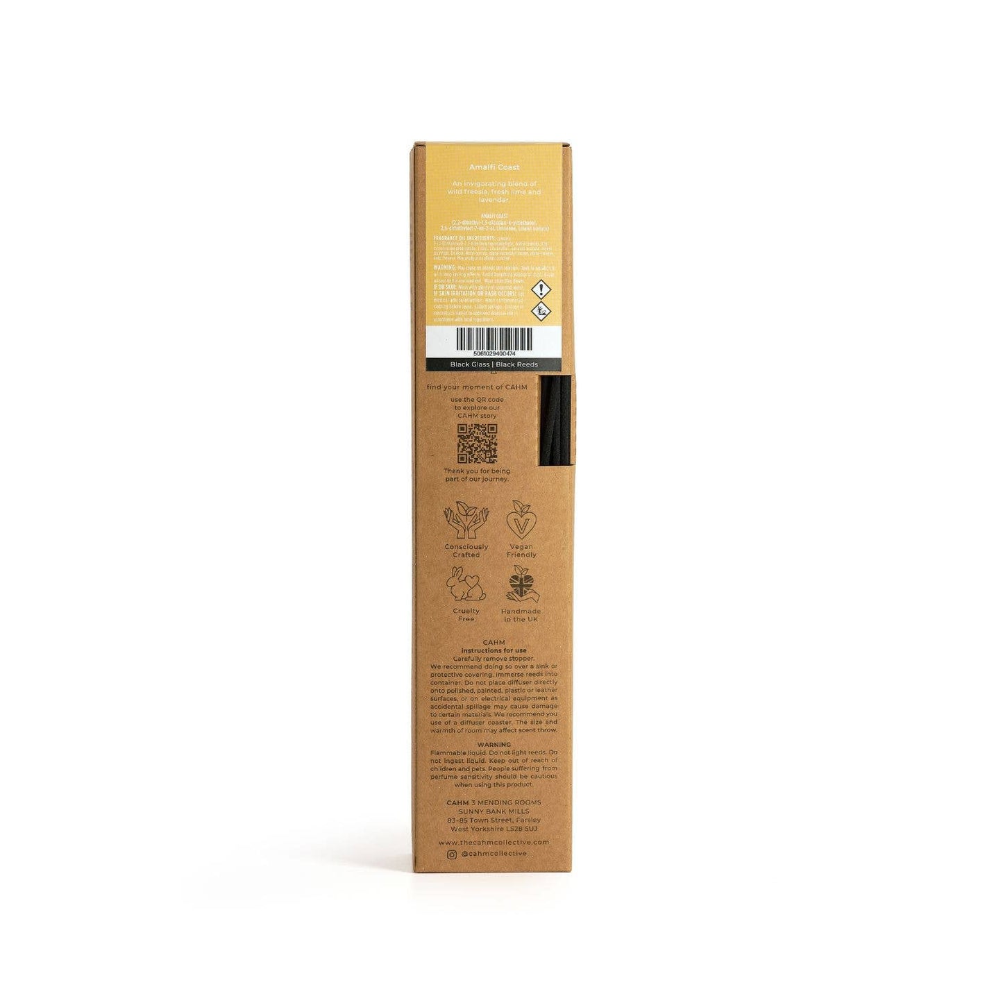 Cardboard box with text and a QR code on a white background