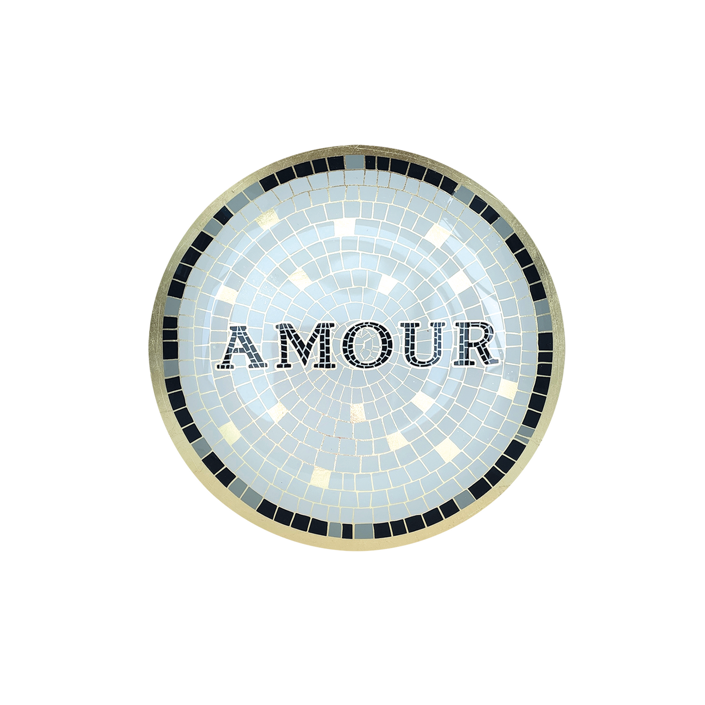 Round mosaic wall art with 'AMOUR' text on a white background