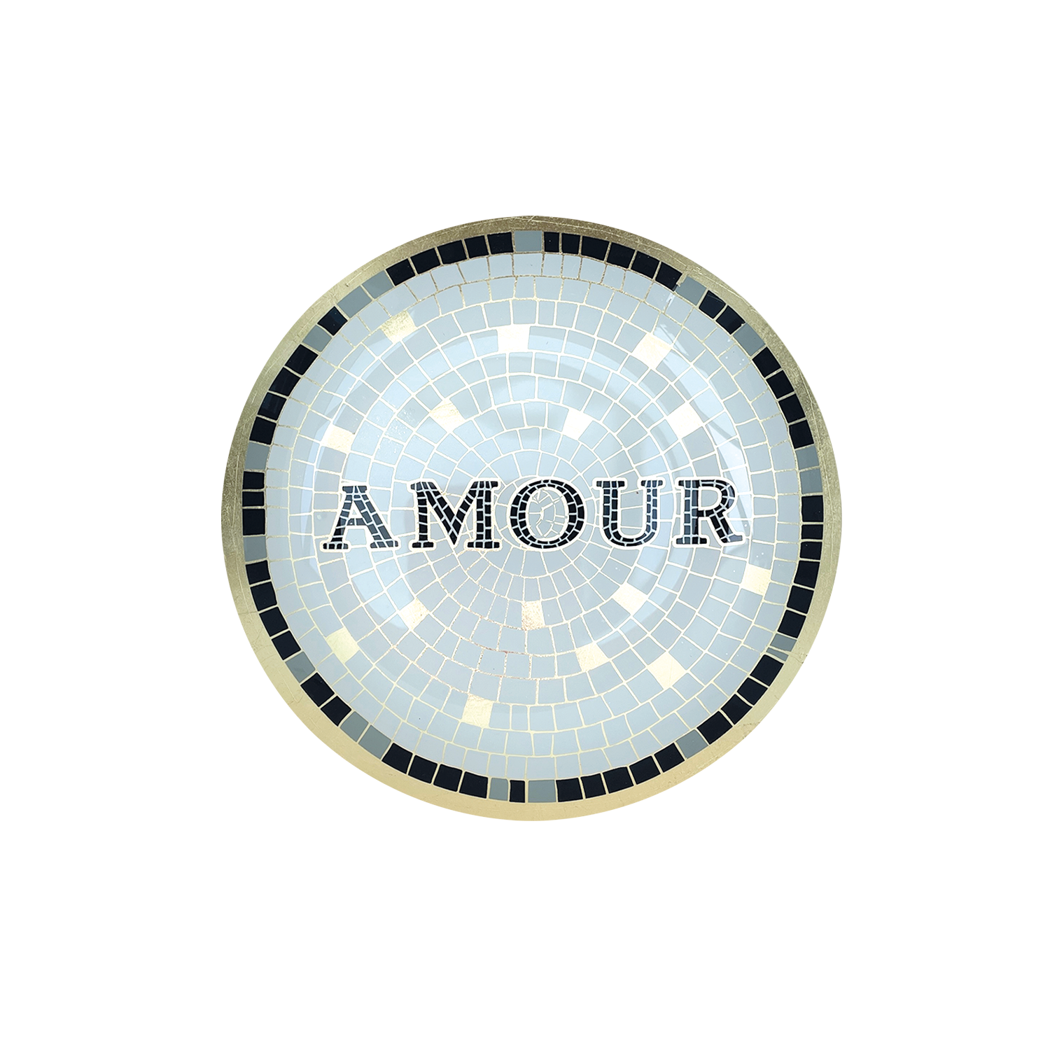 Round mosaic wall art with 'AMOUR' text on a white background