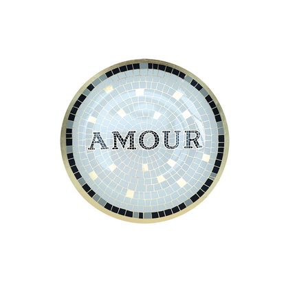 Round mosaic wall art with 'AMOUR' text on a white background