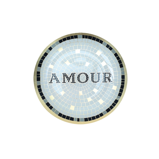 Round mosaic wall art with 'AMOUR' text on a white background