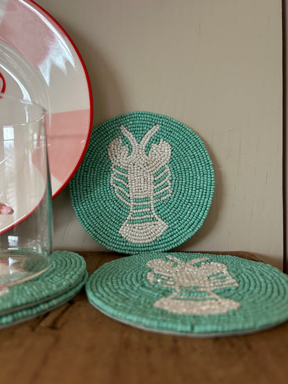 Embellished Aqua Lobster Coasters Set of 4 | Beaded Coastal Coasters