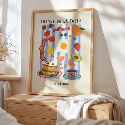 Around the breakfast table art print propped on chest