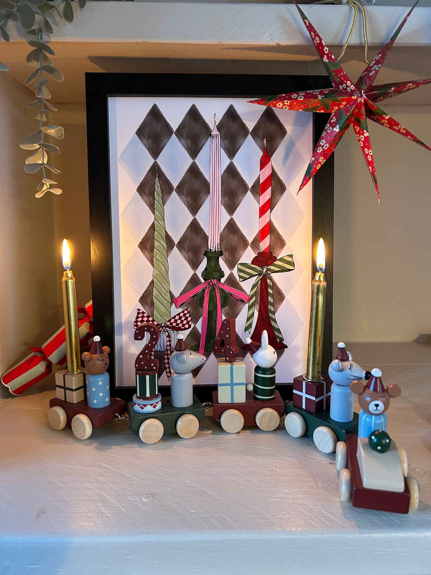 Harlequin Candle A4 Print | Blue & Black Patterned Art with Bowed Candle Holders