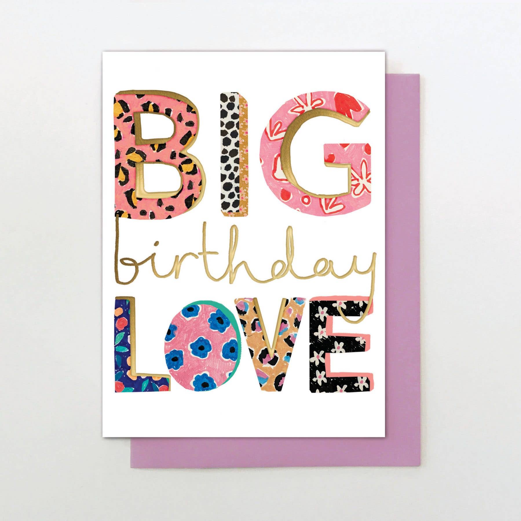 Greeting card with 'BIG birthday LOVE' text on a white background