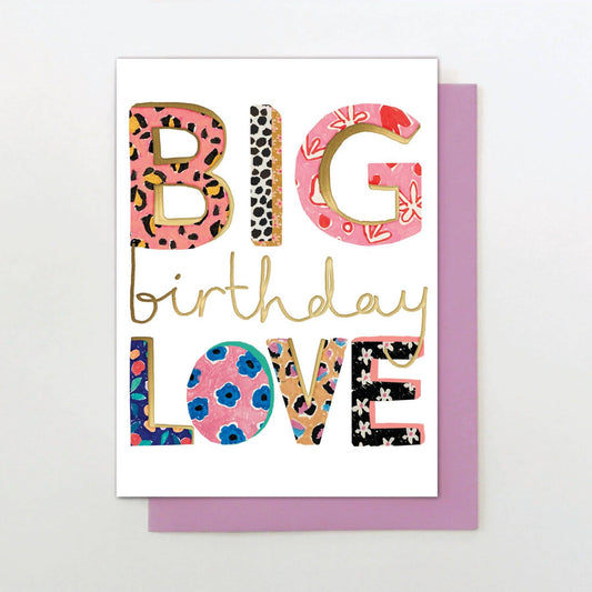 Greeting card with 'BIG birthday LOVE' text on a white background