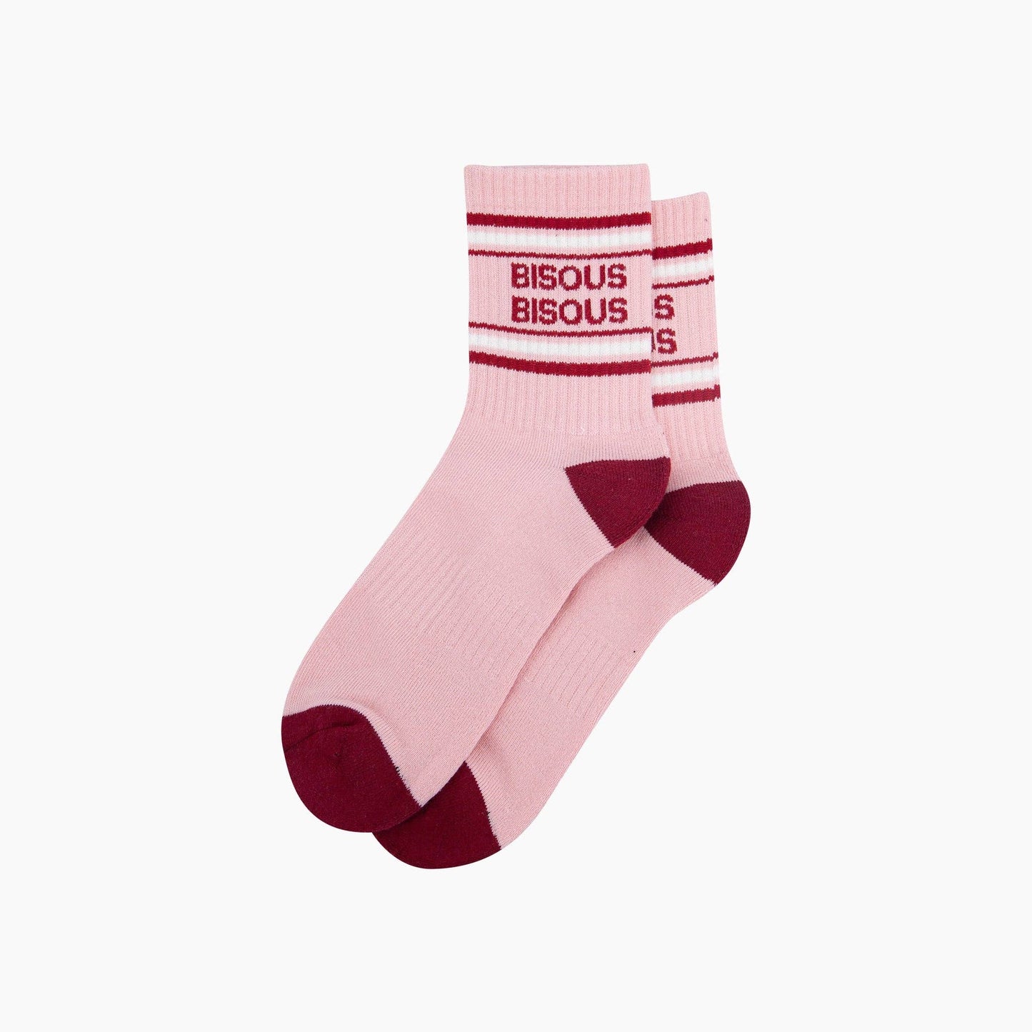 Pink socks with red accents and 'Bisous' text on a white background