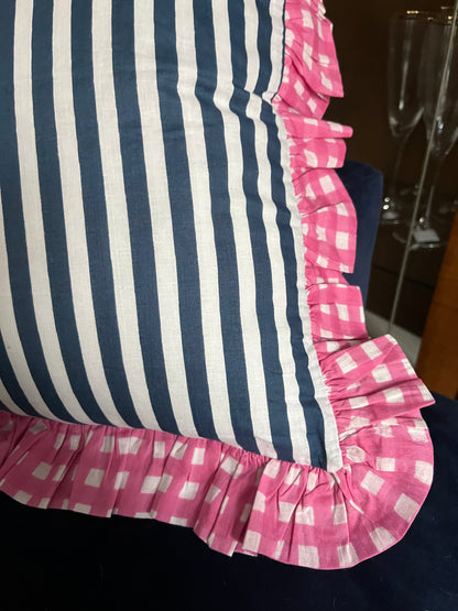 Blue & White Stripe Cushion with Pink Gingham Frill | Elegant Home Decor