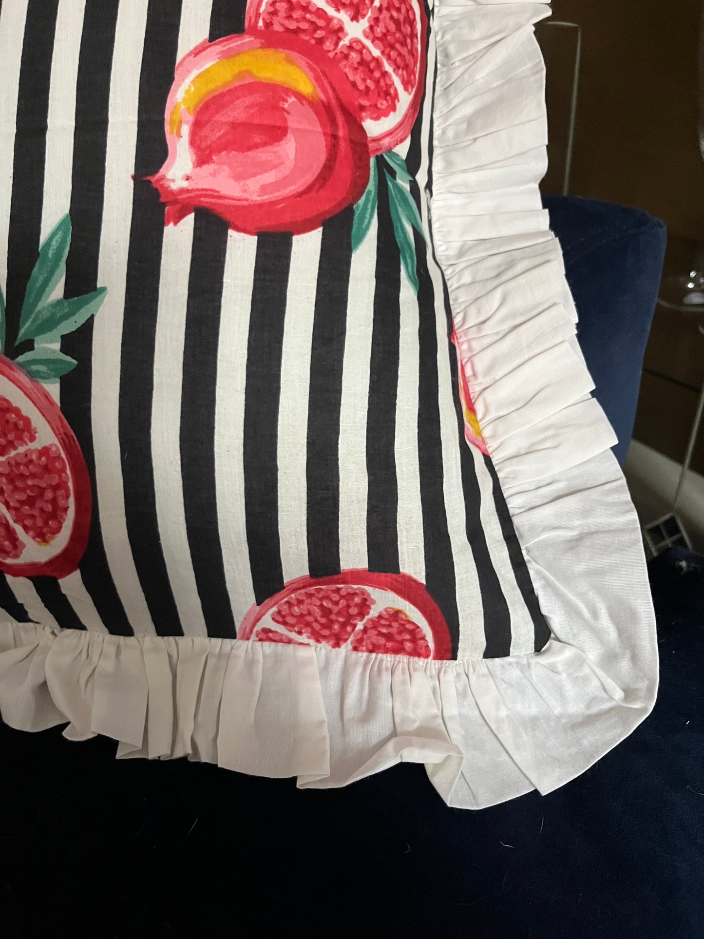 Blue & White Stripe Pomegranate cushion with white frill | Fruit design home decor