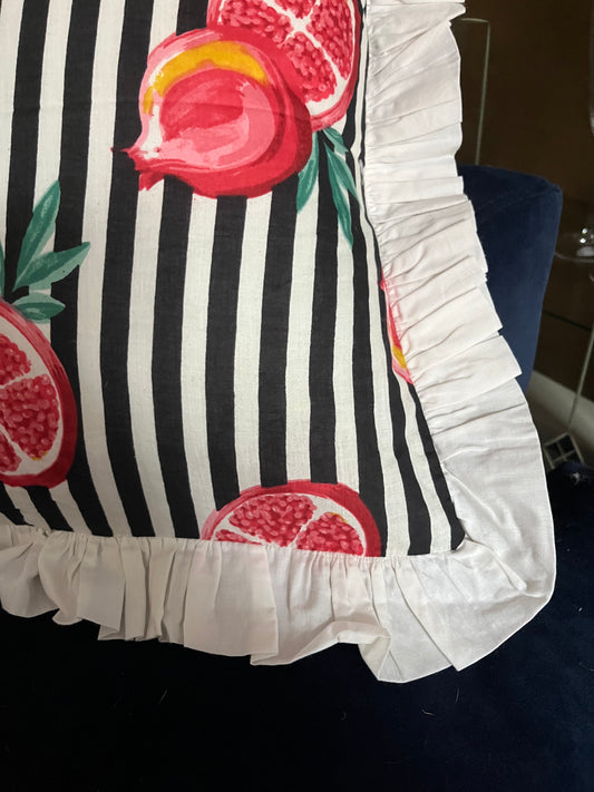 Blue & White Stripe Pomegranate cushion with white frill | Fruit design home decor