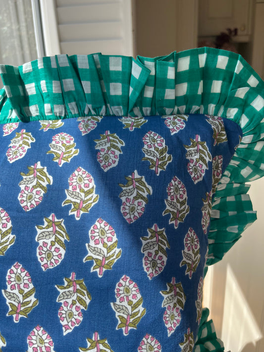 Blue floral cushion with turquoise gingham frill | Handmade cushions