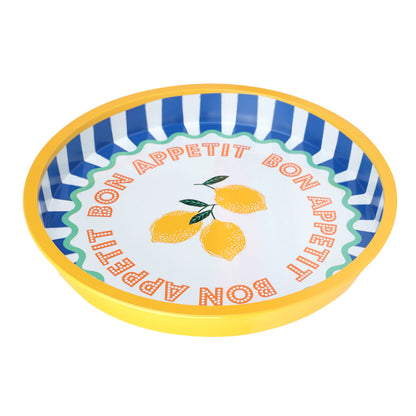 Decorative plate with 'Bon Appetit' text and lemon design on a white background