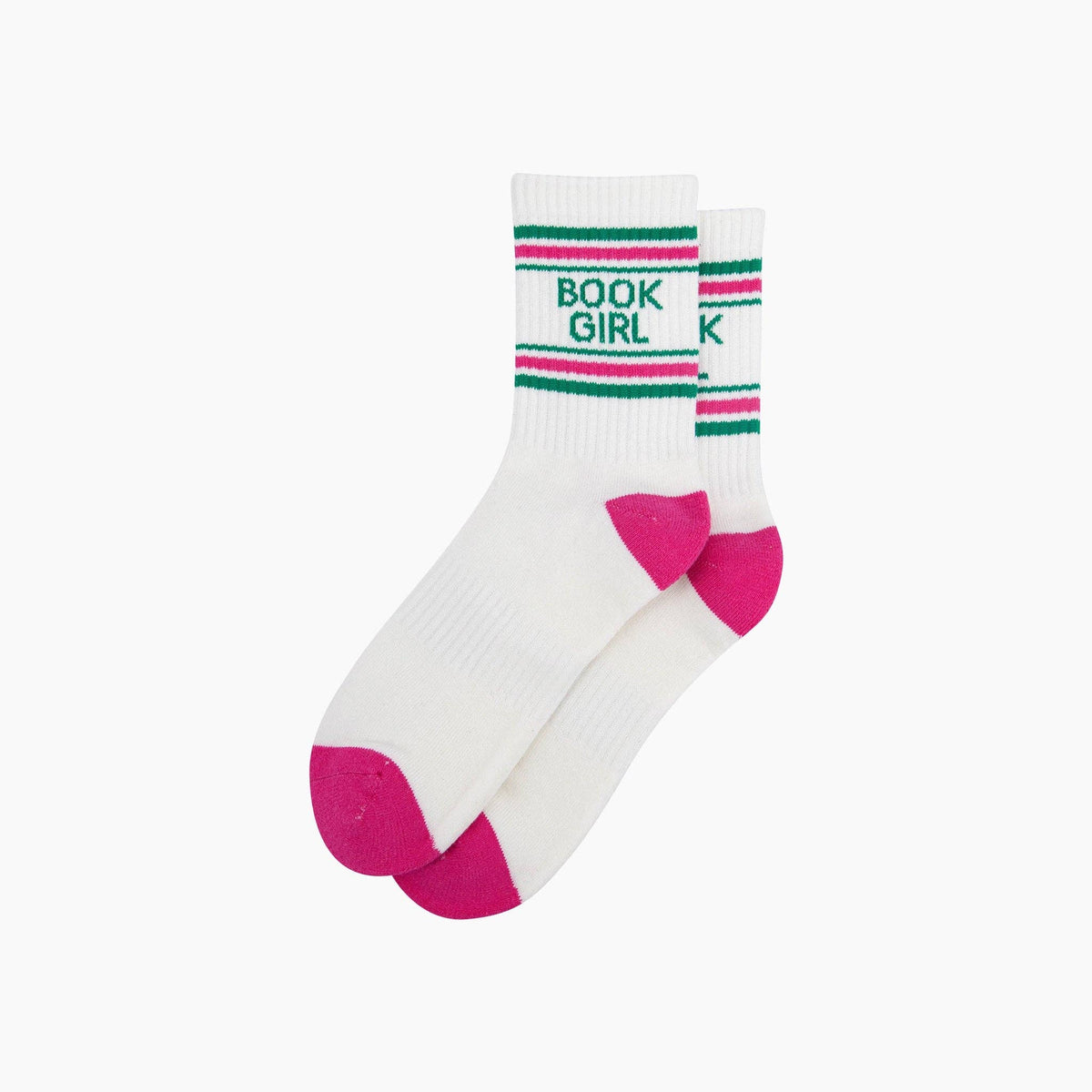 White sock with green and pink text and accents on a white background