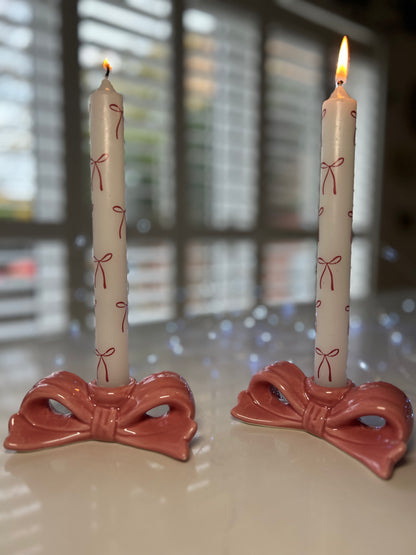 Bow Candles – Set of 2 | White Candles with Red Bows