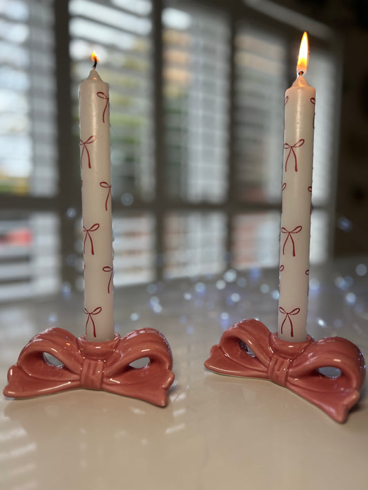Bow Candles – Set of 2 | White Candles with Red Bows