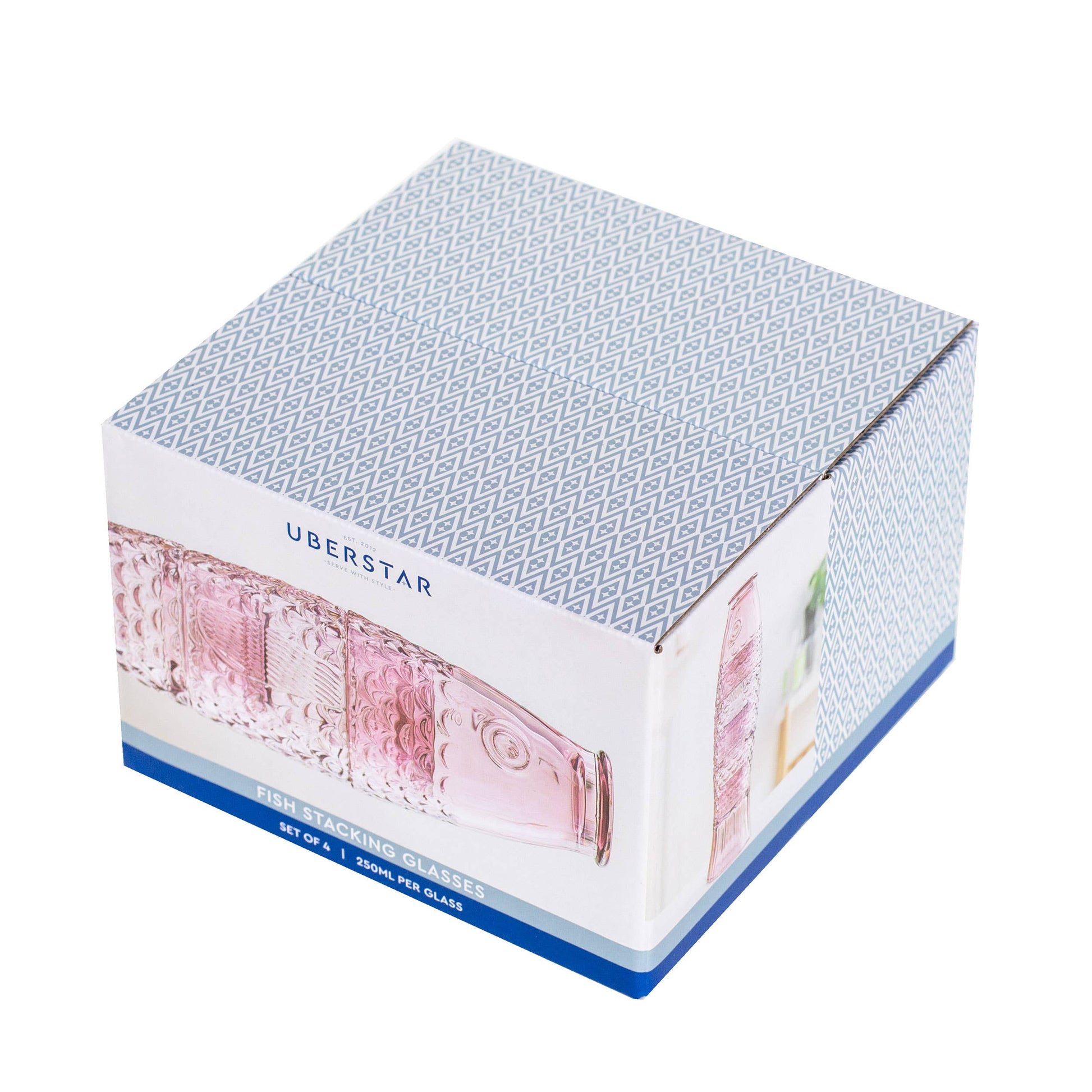 Box of Uberstar fish stackable glasses on a white background