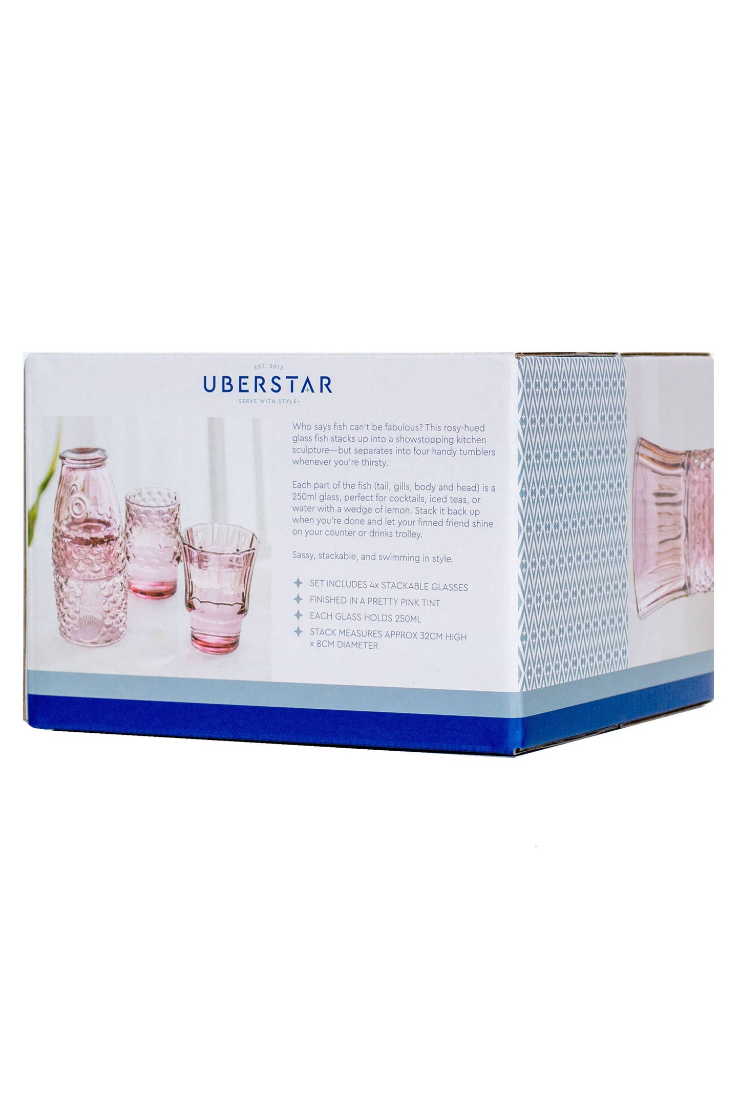 Box packaging for Uberstar with images of glasses on a white background