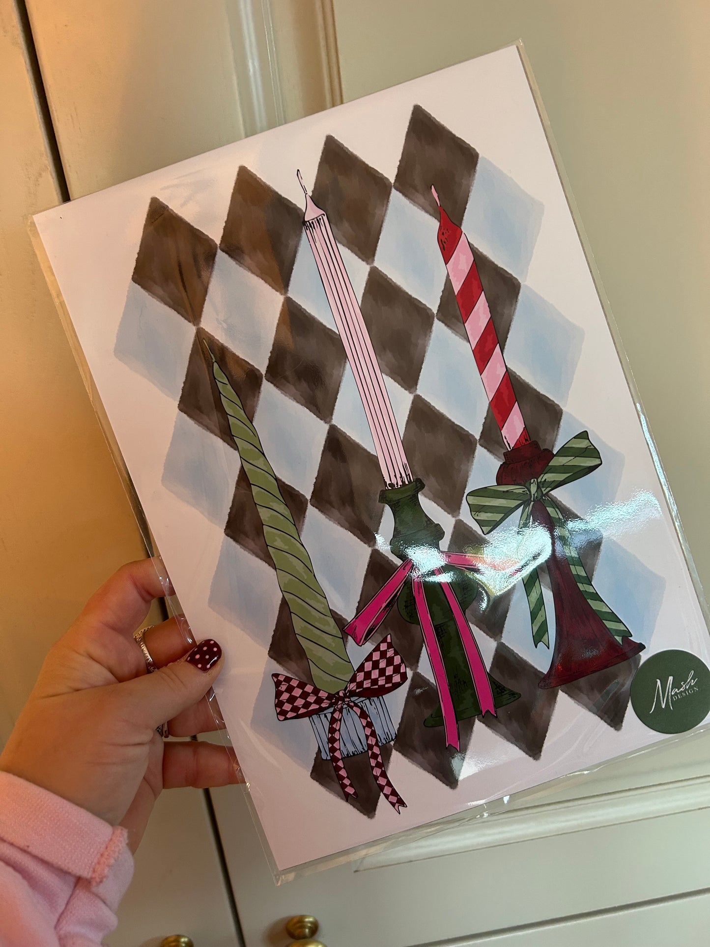 Harlequin Candle A4 Print | Blue & Black Patterned Art with Bowed Candle Holders